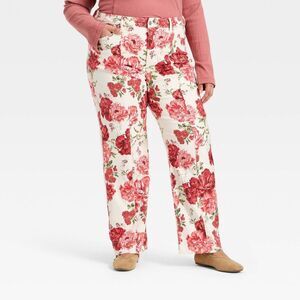 Ava & Viv Floral Straight-Leg Jeans in White and Red